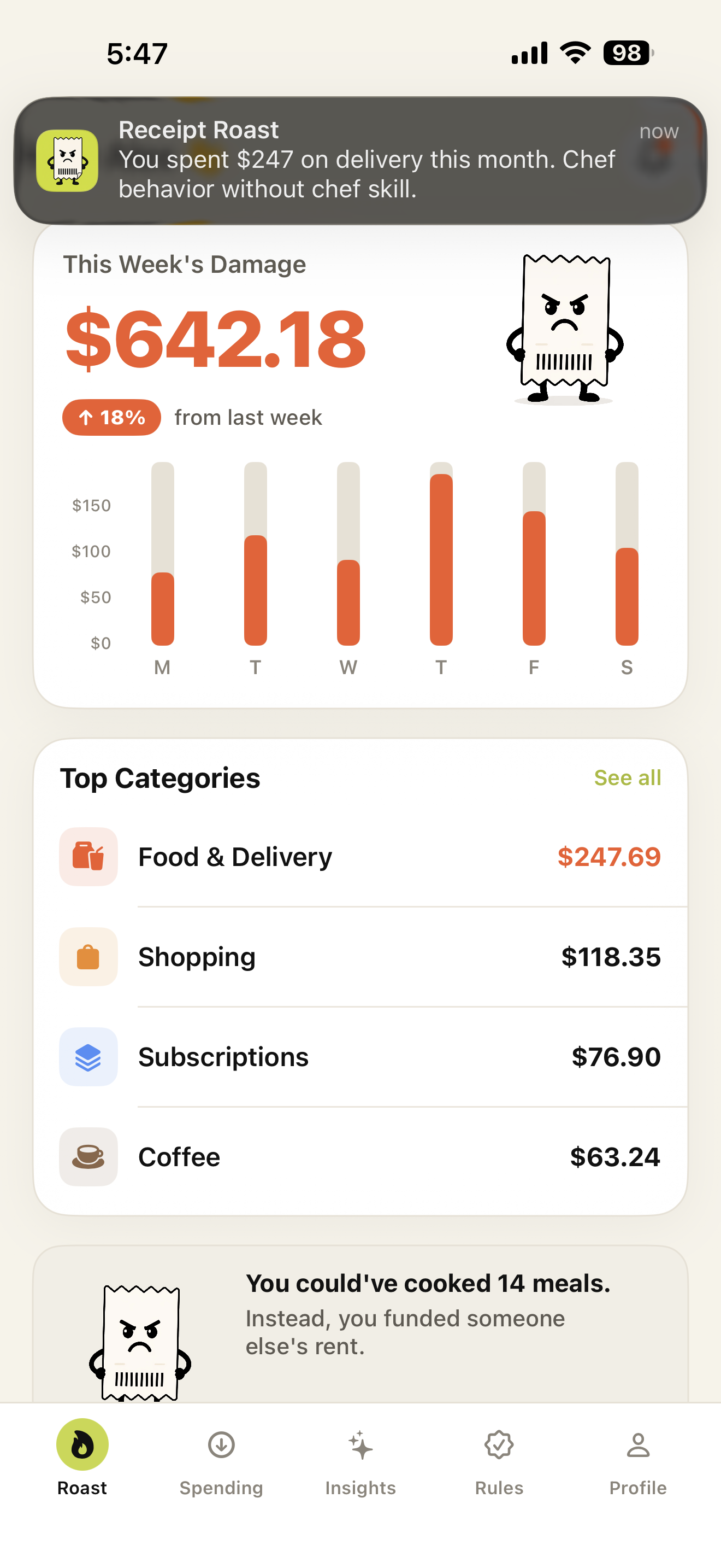 Receipt Roast weekly spending dashboard