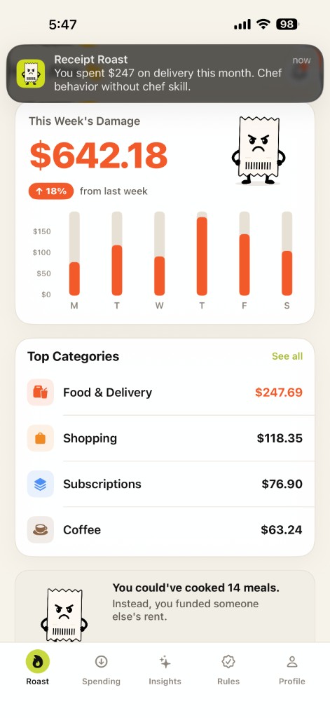 Receipt Roast app preview showing weekly spending and category roasts